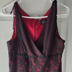 Connected Womens Dress 12 Black Red Sheer Overlay Lace Midi V-Neck Babydoll